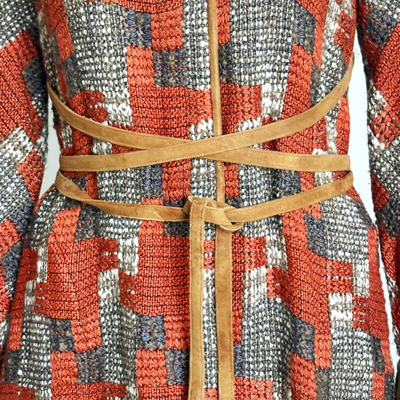 Bonnie Cashin for Sills Coat Abstract Tweed Knit Suede Trim Tie Wrap Waist 60s - Picture 9 of 10